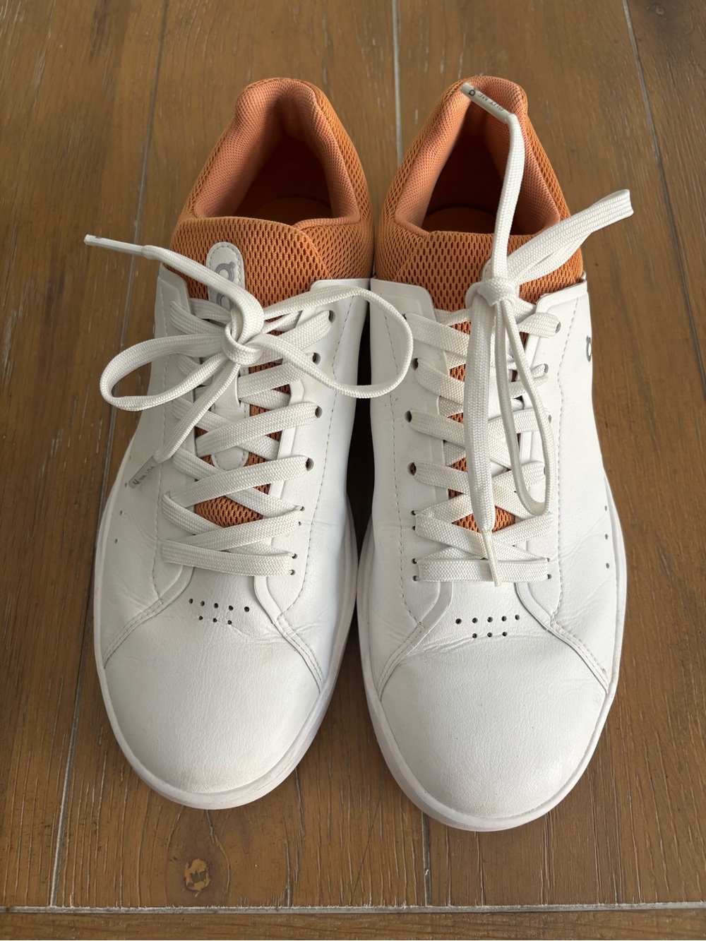 Women's White Leather Sneakers with Orange Mesh Collar